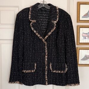 St. John Blazer Black And White Speckled Frayed Trim Size 14